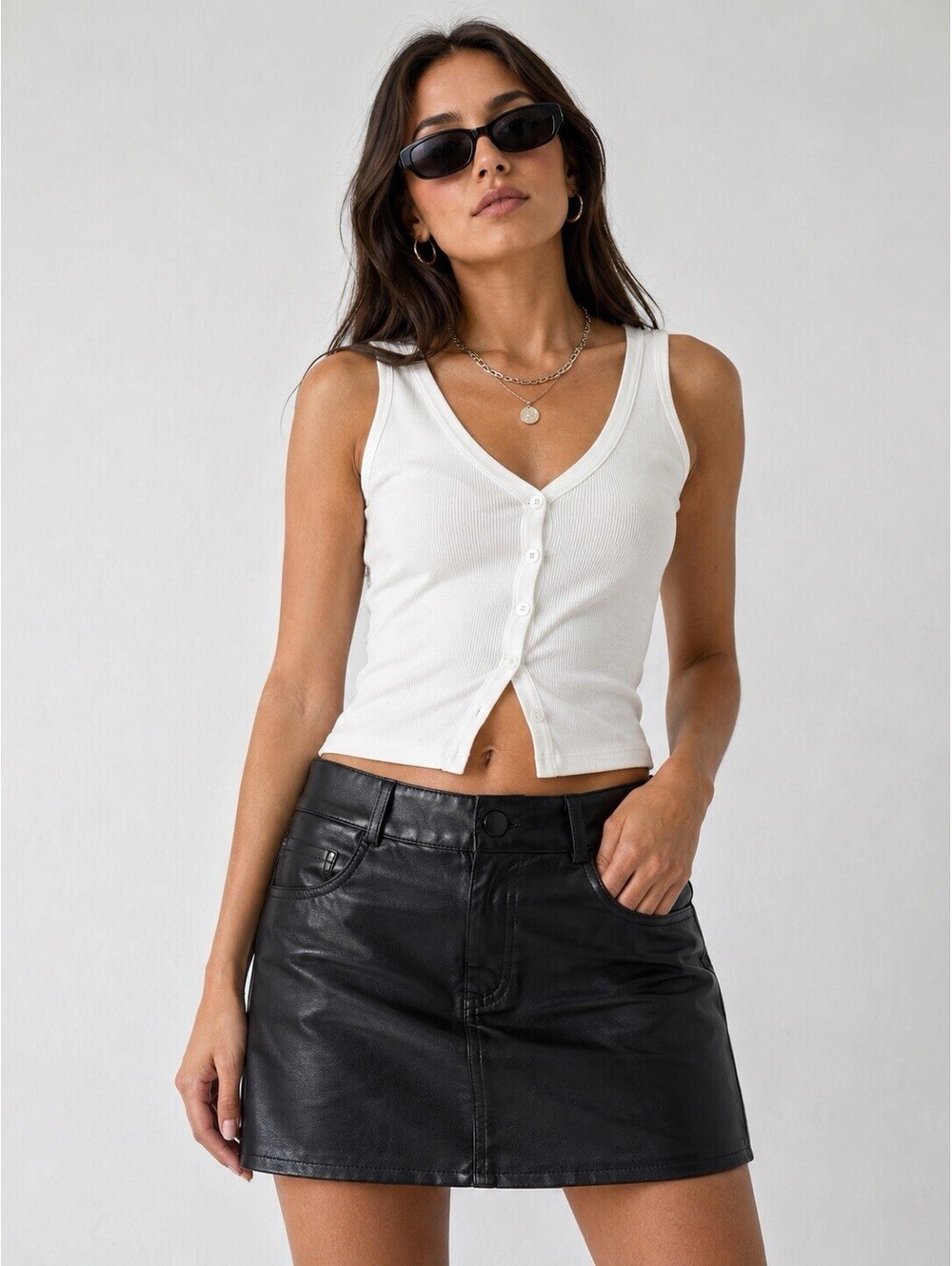 Women S Black Faux Leather High Rise A-Line Mini Skirt Fitted Going Out Y2K NWT